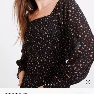 MADEWELL georgette lucie bubble-sleeve smocked top in stem scatter (NWT) XXS